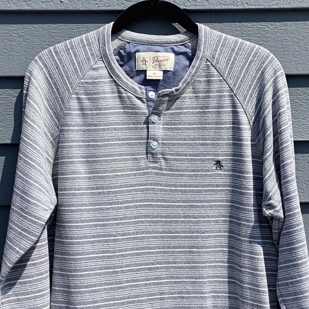 Original Penguin Gray & White Stripes Long Sleeve Top Medium